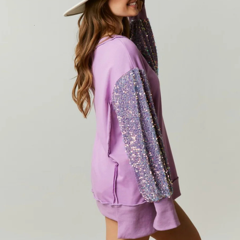 Womens Hoodies Sweatshirts Elegant Solid Color ONeck Office Pullover Casual Split Sports Top Fashion Sequined Splicing LongSleeved Sweatshirt 230921