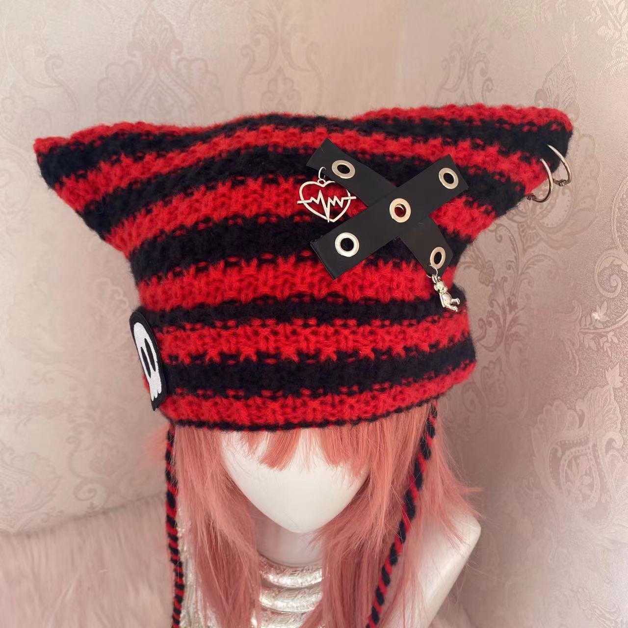Beanie/Skull Caps Harajuku Gothic Lolita Japanese Beanie Hat Striped Knitted Cap Autumn Winter Cute Ox Horn Y2K Girl Women's Hats 230921