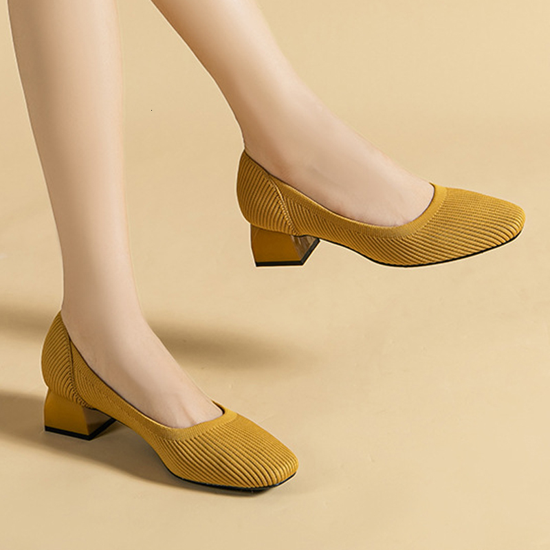 Dress Shoes Women shoes Large high-heeled shoes Spring and autumn square head thick heel knitting fashion breathable anti-skid be 230921