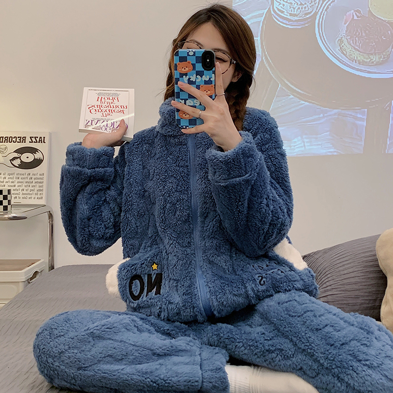 Womens Sleepwear Winter Pajama Sets Flannel Fleece 2 Pieces Warm Thicken Elegant Pyjamas Plus Size 230921