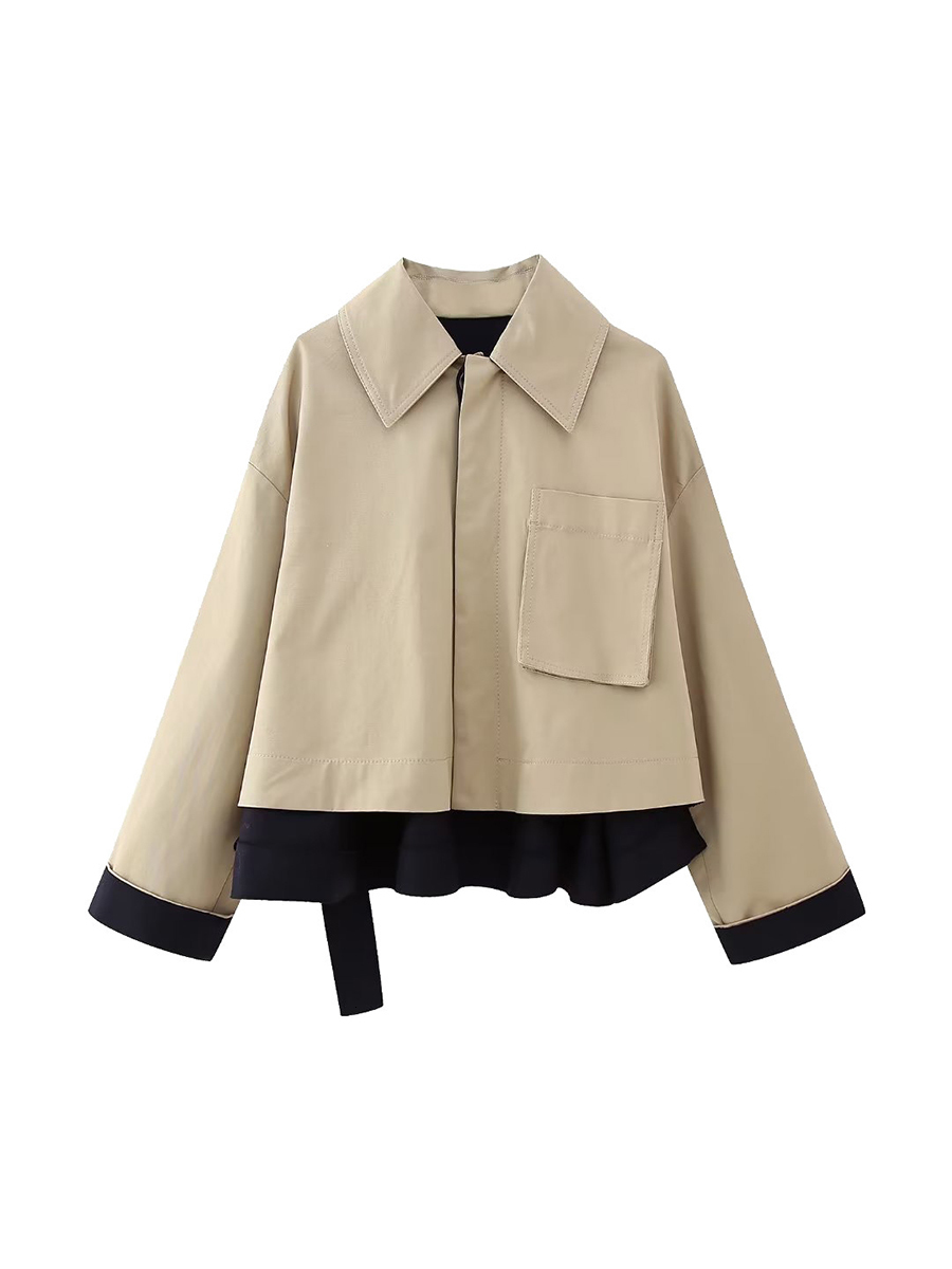 Women Blends Patchwork Cropped Trench Coats For Women Lapel Long Sleeve With Pocket Short Tops Windbreaker Streetwear Casual Jackets 230922