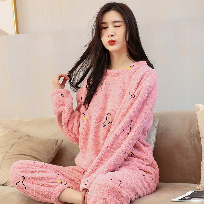 Womens Sleepwear Flannel Pajamas Embroidered Printing Round Neck Long Sleeve Home Clothes Two Piece Set Thicken Plush Pyjama Sets 230922