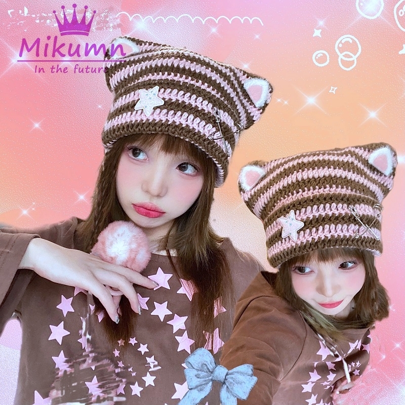 Beanie/Skull Caps Harajuku Y2k Cute Star Pin Cat Ear Stripe Knitted Hat Women Girls Winter Warm Streetwear 230921