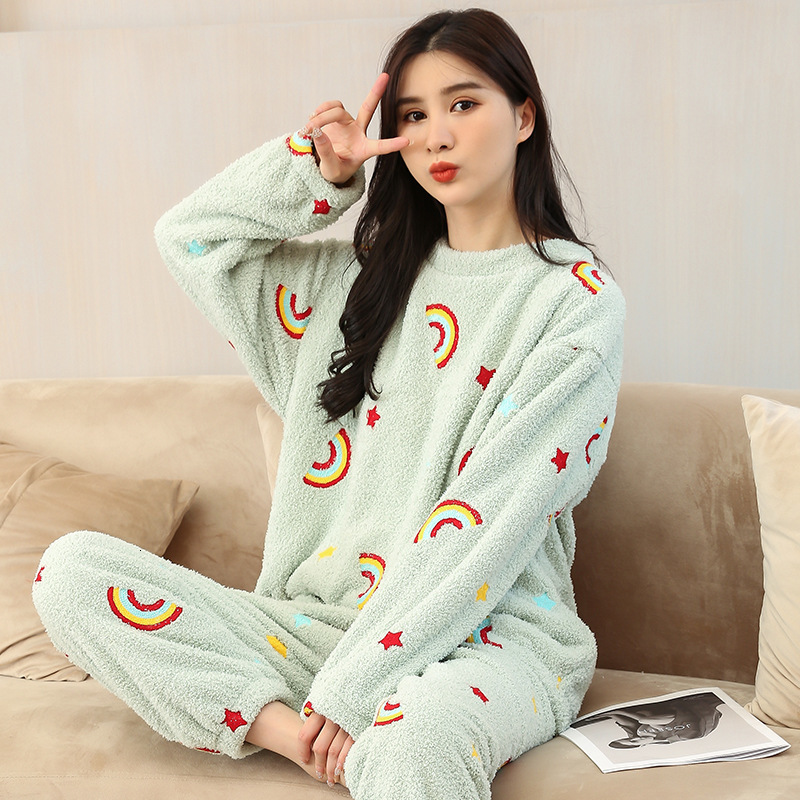 Womens Sleepwear Flannel Pajamas Embroidered Printing Round Neck Long Sleeve Home Clothes Two Piece Set Thicken Plush Pyjama Sets 230922