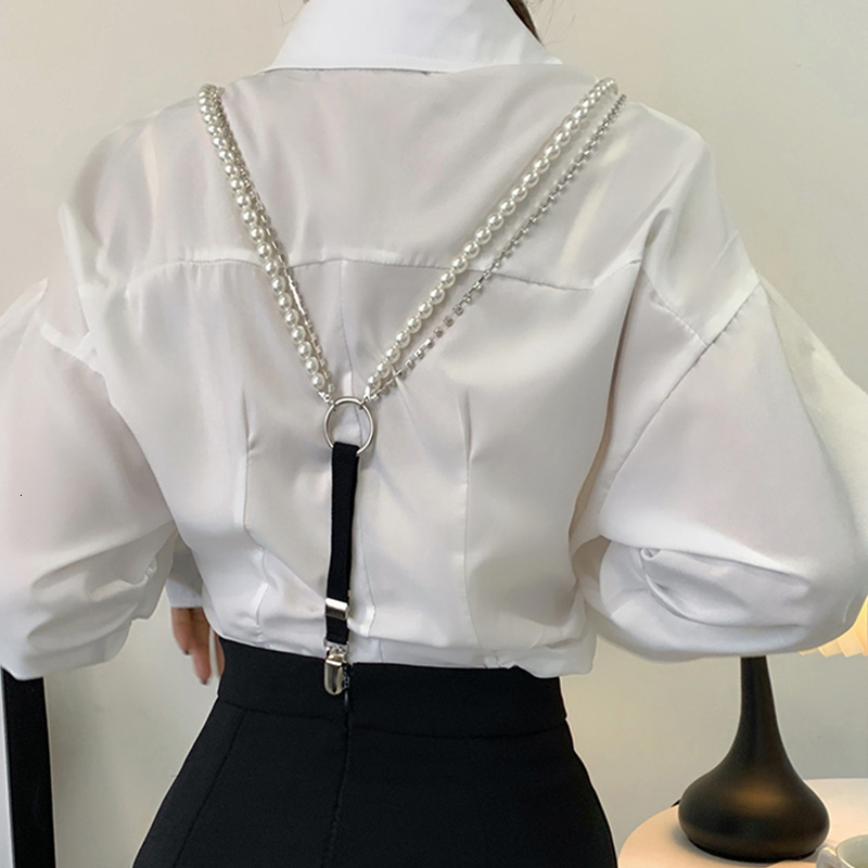Suspenders 3 Clips Pearl Rhinestone Chain Suspenders Belt for Women Elastic Trousers Pants Tights Strap Garter Adjustable 230921