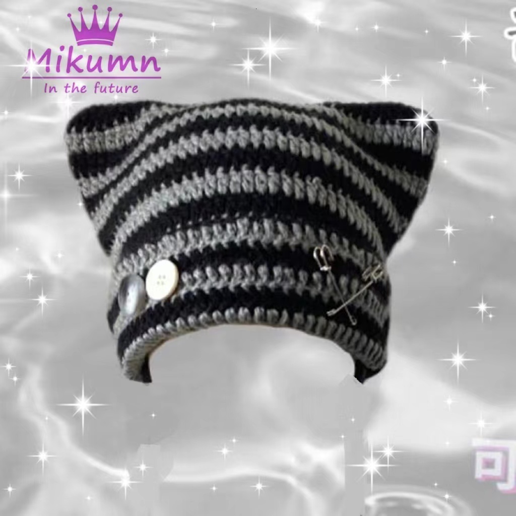 Beanie/Skull Caps Harajuku Y2k Cute Star Pin Cat Ear Stripe Knitted Hat Women Girls Winter Warm Streetwear 230921