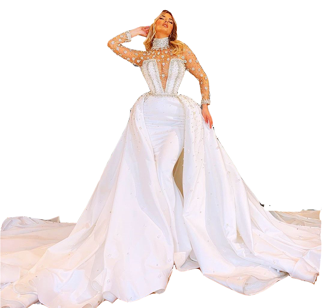 Sexy Mermaid Dresses Overskirts High Neck Illusion Long Sleeves Lace Appliques Crystal Beads Pearls Bridal Gowns Church Plus Size Bride Wedding Dress