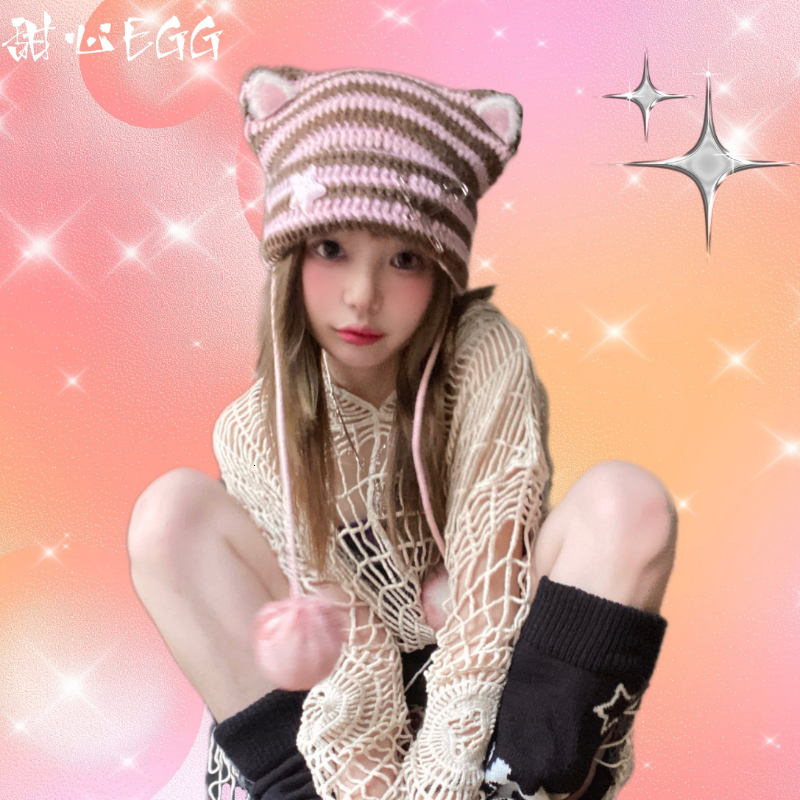 Beanie/Skull Caps Sweetheart Original Pure Handmade Striped Kitten Beanies Hat Subculture Cute Y2k Cat Ear Hat Skullies Hats for Women 230921