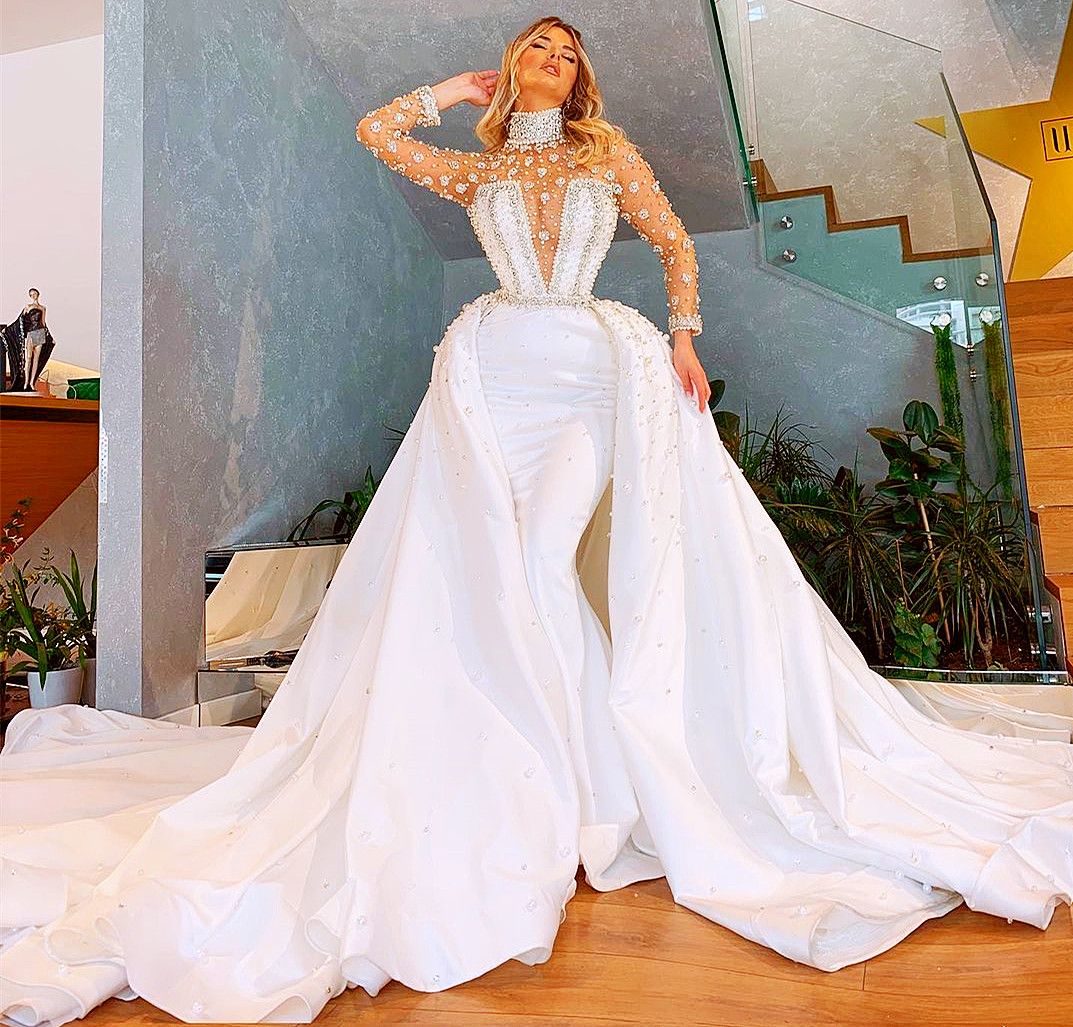 Sexy Mermaid Dresses Overskirts High Neck Illusion Long Sleeves Lace Appliques Crystal Beads Pearls Bridal Gowns Church Plus Size Bride Wedding Dress