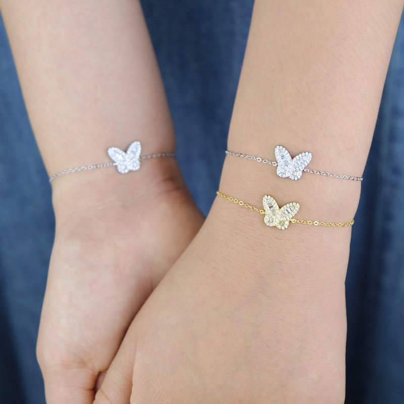 100% Sterling Silver 13mm Butterfly Charm Bracelet Necklace Earring Hip Hop Iced Out Paved Bling Cubic Zirconia Women Laday Wedding Jewelry Set