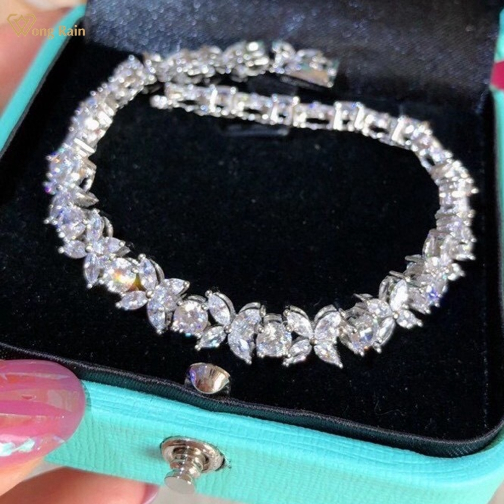 Charm Bracelets Wong Rain 100 925 Sterling Silver Marquise Cut Lab Sapphire Gemstone Four Leaf Clover Bracelet Fine Jewelry Wedding Gifts 230922