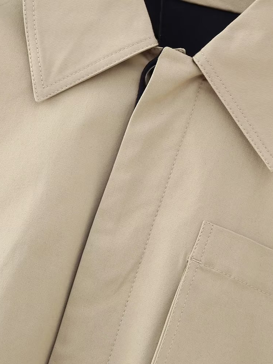 Women Blends Patchwork Cropped Trench Coats For Women Lapel Long Sleeve With Pocket Short Tops Windbreaker Streetwear Casual Jackets 230922