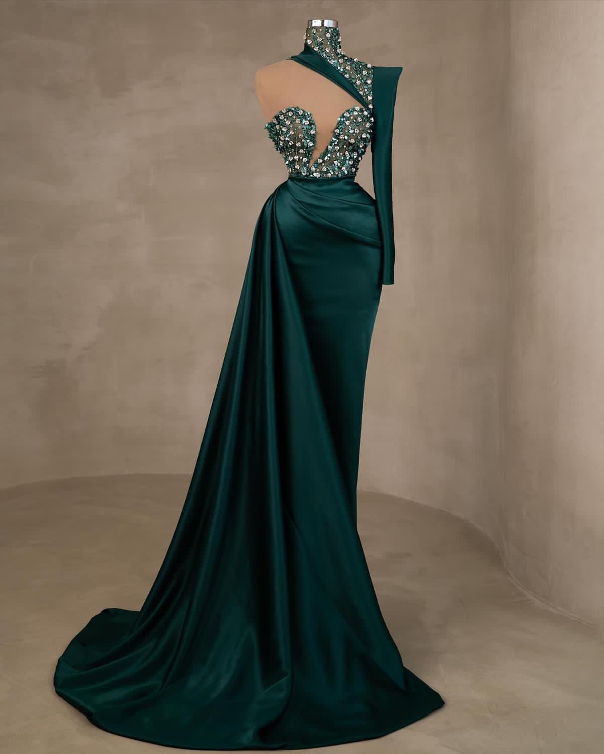 Arabic Aso Ebi Hunter Green Mermaid Prom Dress Satin Crystals Evening Formal Party Second Reception Birthday Engagement Gowns Dresses Robe De Soiree Z