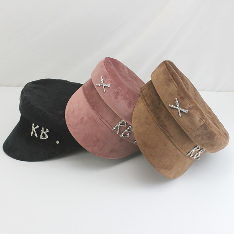 Berets Winter Hats Crystal Embellished Wool Baker Boy Hat Women Wool sboy Caps Diamond Letter Thick Flat Visor Caps 230922