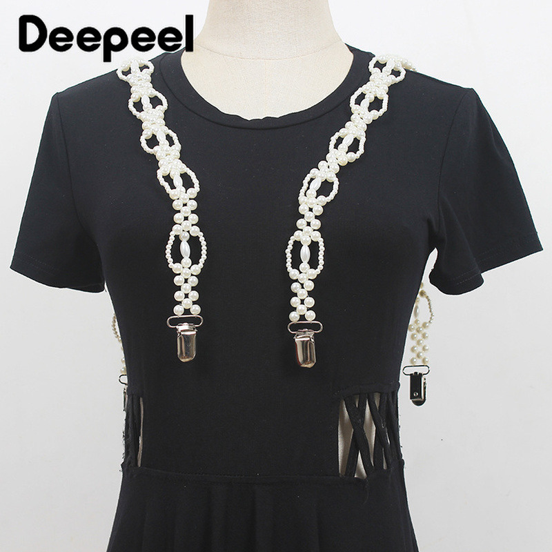 Suspenders Deepeel 1pairs 69*2cm Fashion Pearl Chain Decoration Suspenders Adjustable Trouser Bead Strap Female Waist Corset Braces 230921