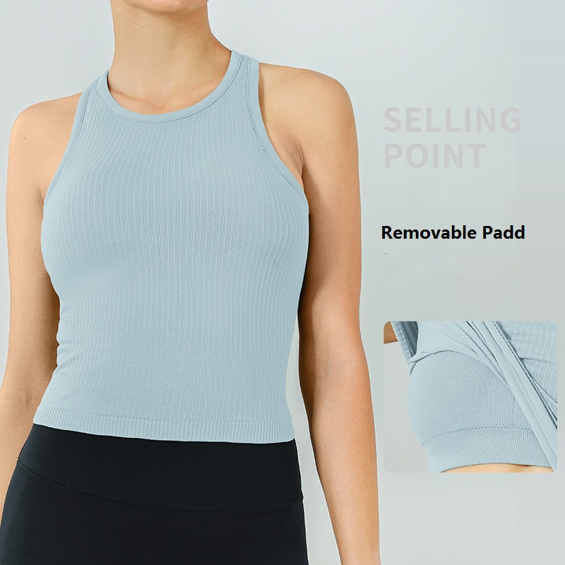 Yoga Women Tank Shirts High Elastic Ribbed Sports Vest With Chest Pad Integrated Seamless Nude H-shaped Running Yoga Vest