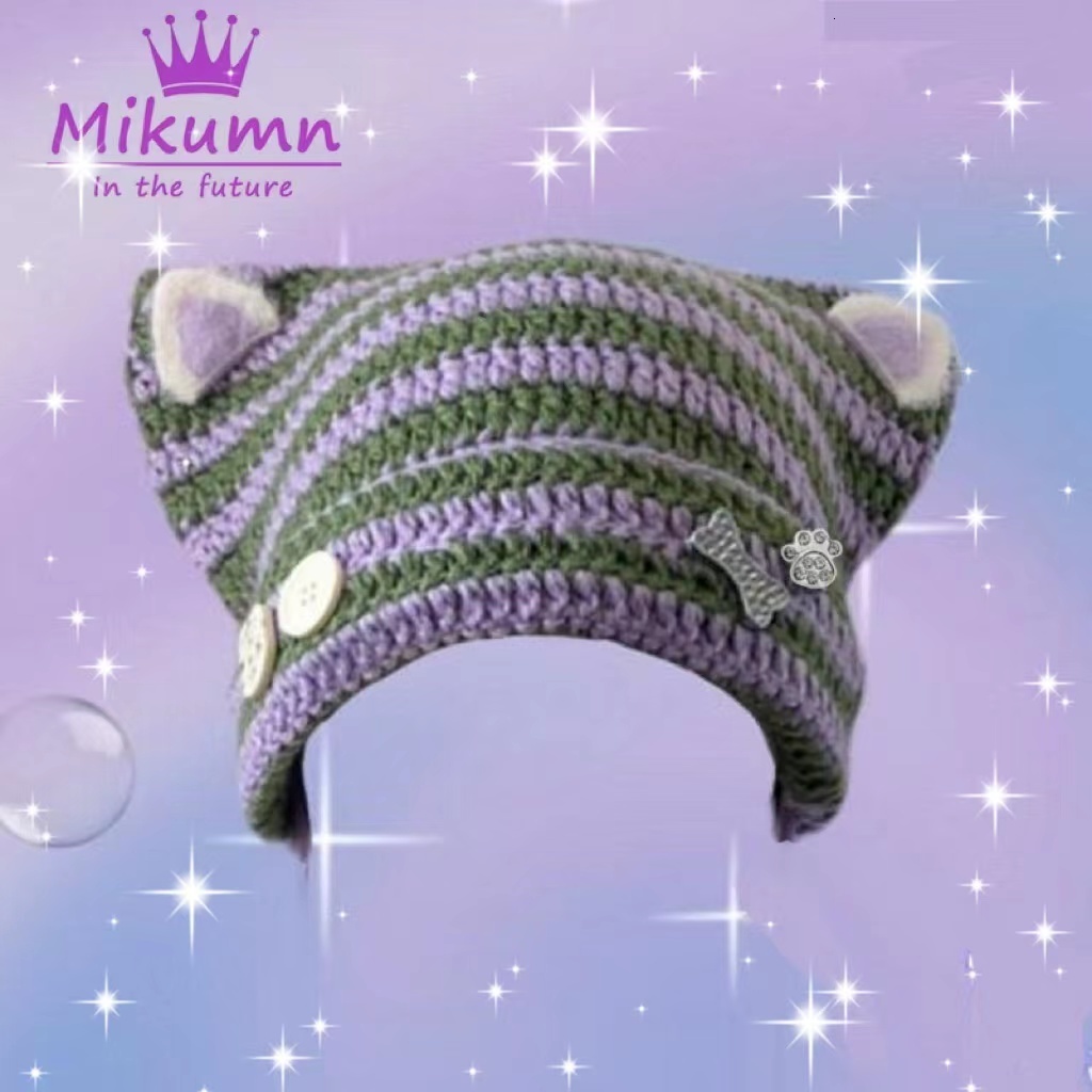 Beanie/Skull Caps Harajuku Y2k Cute Star Pin Cat Ear Stripe Knitted Hat Women Girls Winter Warm Streetwear 230921