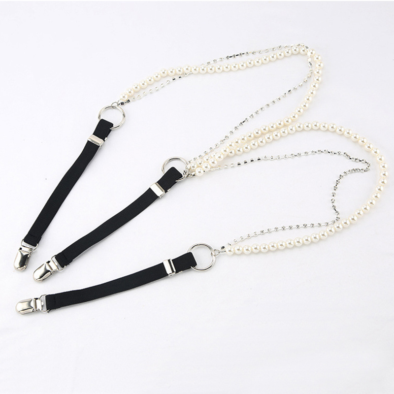 Suspenders 3 Clips Pearl Rhinestone Chain Suspenders Belt for Women Elastic Trousers Pants Tights Strap Garter Adjustable 230921