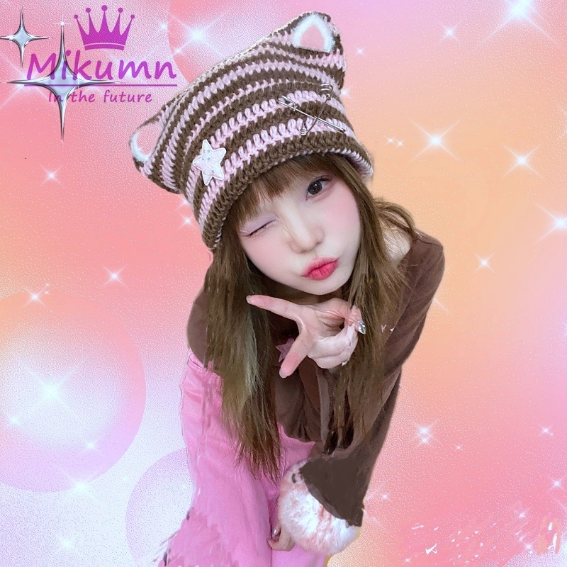 Beanie/Skull Caps Harajuku Y2k Cute Star Pin Cat Ear Stripe Knitted Hat Women Girls Winter Warm Streetwear 230921