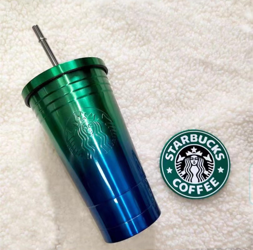 Mugs Stainless Steel Straw Cup Insulated Water Male And Female Coffee With Starb 401-500ml Gradient Color