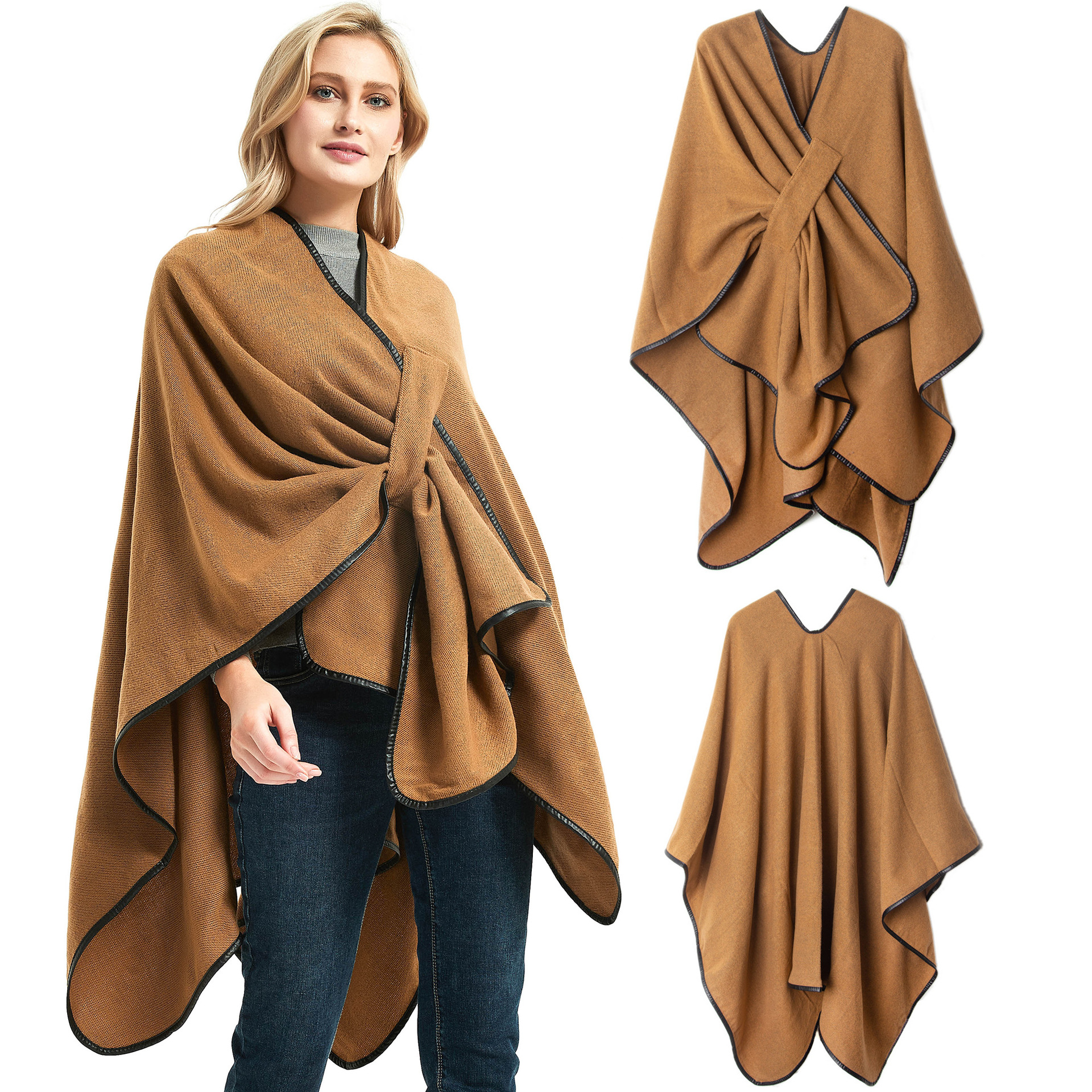 OC0045 European and American Women's Shawl Fashion Buckle Leather Edge Solid Color Split Acrylic Cape