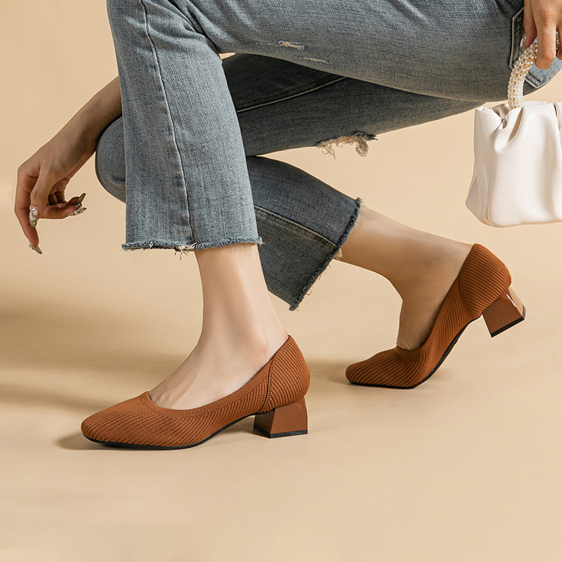 Dress Shoes Women shoes Large high-heeled shoes Spring and autumn square head thick heel knitting fashion breathable anti-skid be 230921