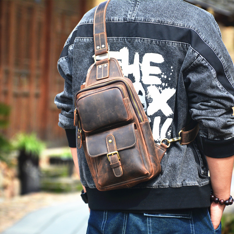 Outdoor Bags PNDME vintage crazy horse cowhide men's chest bag fashion outdoor daily travel natural genuine leather multi-pocket shoulder bag 230