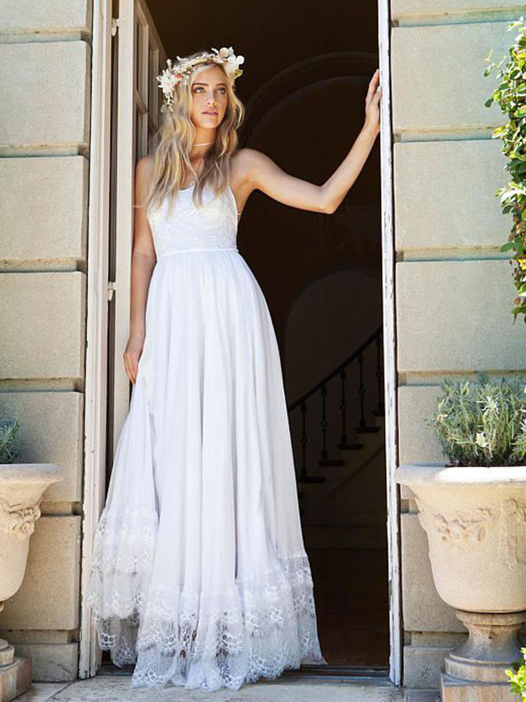 White,Ivory Beach Wedding Dresses Pleats Chiffon with Floral Lace Summer Bridal Gowns Country Wedding Gowns Spaghetti Wedding Dresses Cheap