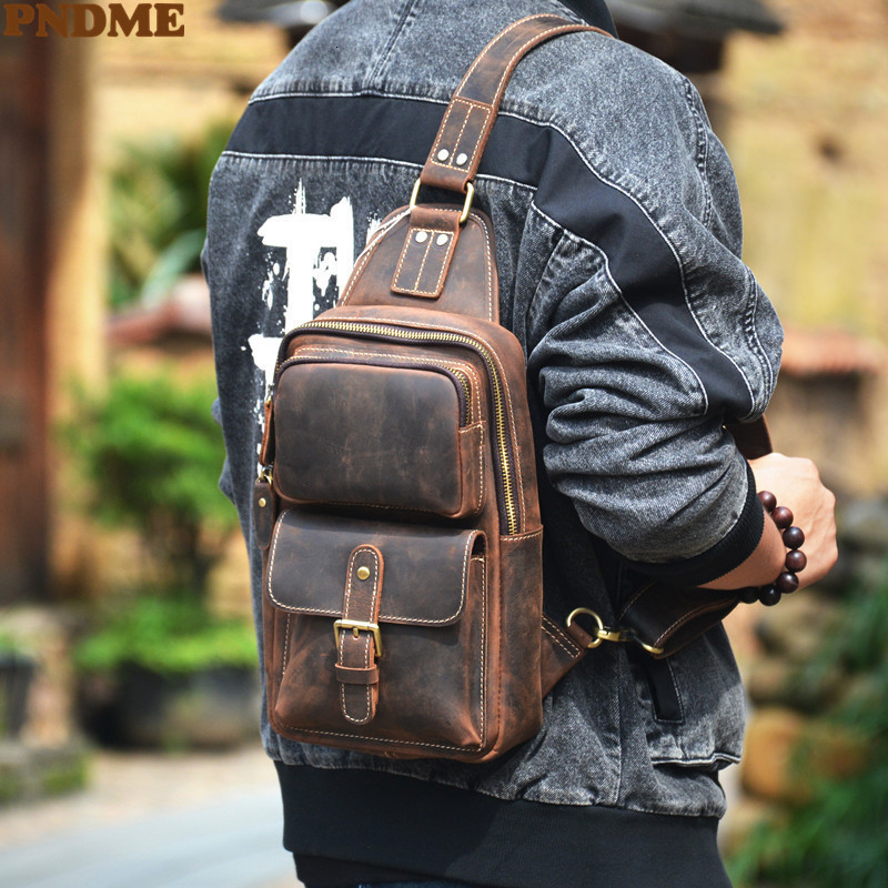 Outdoor Bags PNDME vintage crazy horse cowhide men's chest bag fashion outdoor daily travel natural genuine leather multi-pocket shoulder bag 230