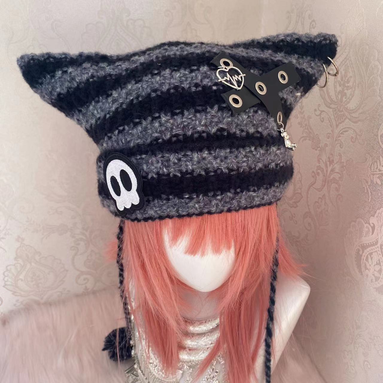 Beanie/Skull Caps Harajuku Gothic Lolita Japanese Beanie Hat Striped Knitted Cap Autumn Winter Cute Ox Horn Y2K Girl Women's Hats 230921