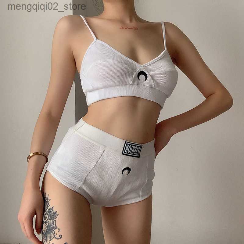 Bras Sets Sexy underwear set moon cotton sutia dew navel bra set wirefree two-piece suit deep v breathable high waist panty lingerie set Q230922