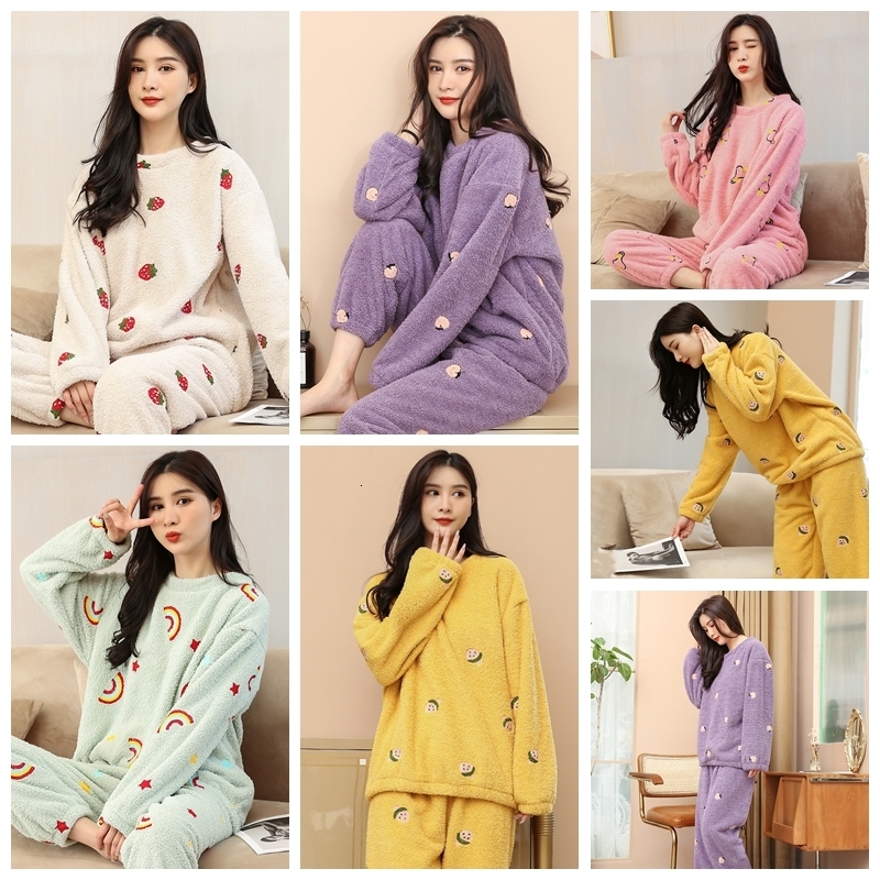 Womens Sleepwear Flannel Pajamas Embroidered Printing Round Neck Long Sleeve Home Clothes Two Piece Set Thicken Plush Pyjama Sets 230922