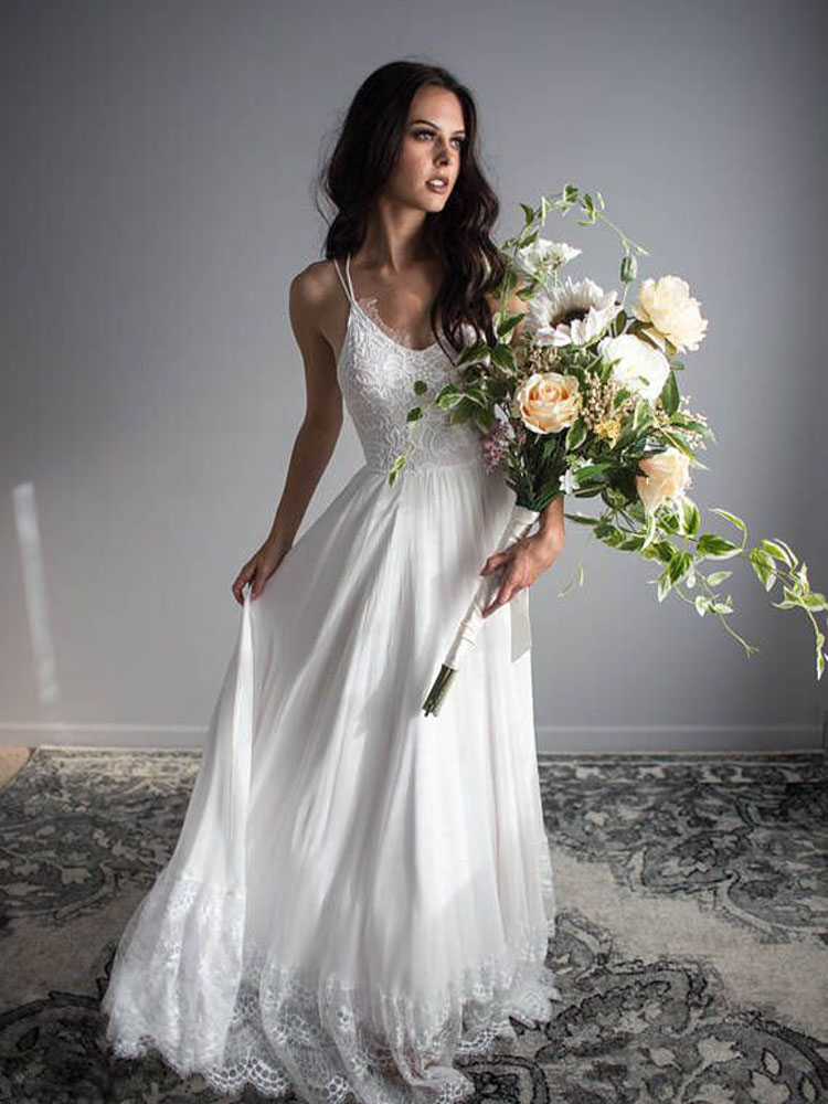 White,Ivory Beach Wedding Dresses Pleats Chiffon with Floral Lace Summer Bridal Gowns Country Wedding Gowns Spaghetti Wedding Dresses Cheap