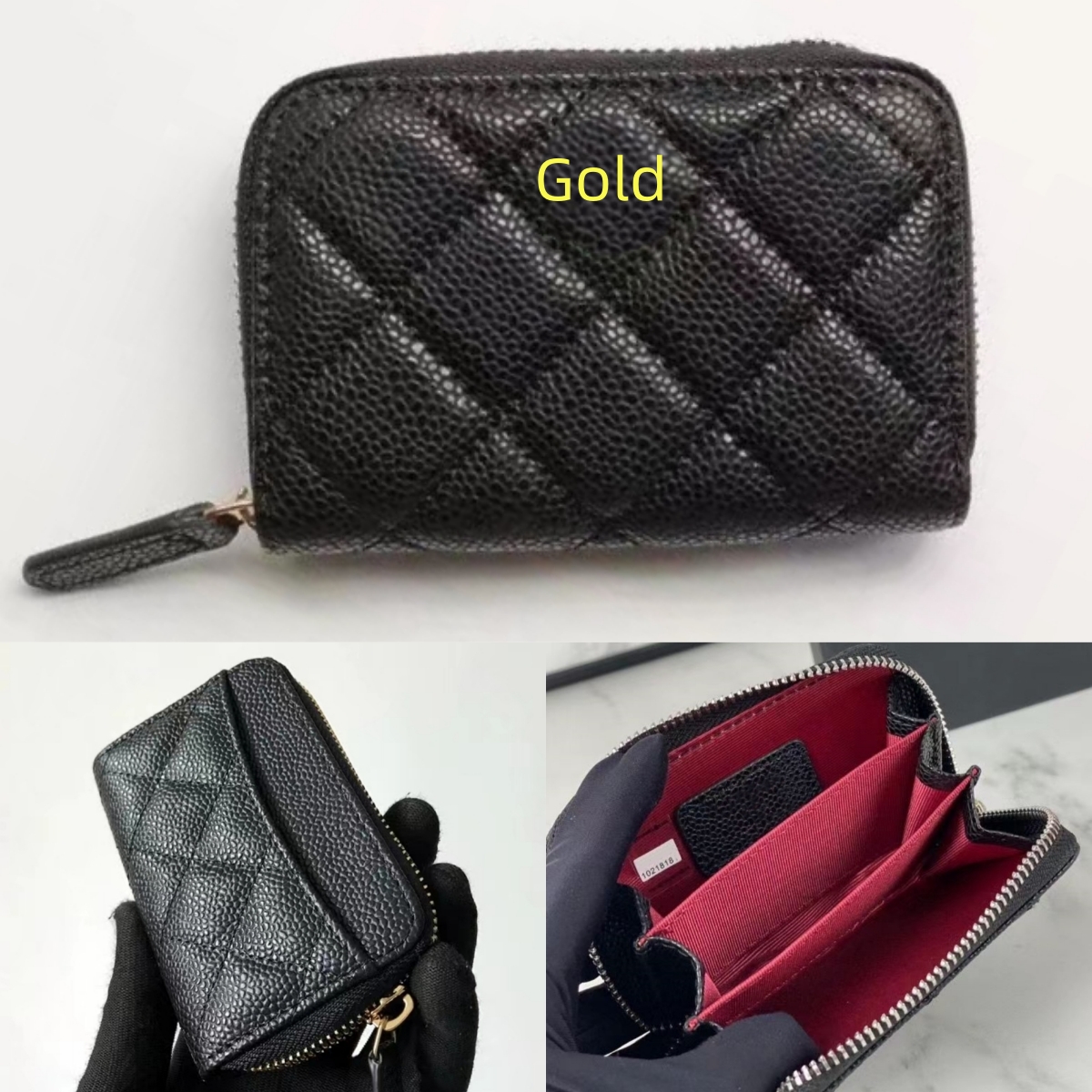 New Caviar Lambskin Small Wallet Zipper Poucht Genuine Pebble Leather Mini Credit Cards Bag Man Woman Designer Key Coin Purses Wholesale Gift With Box