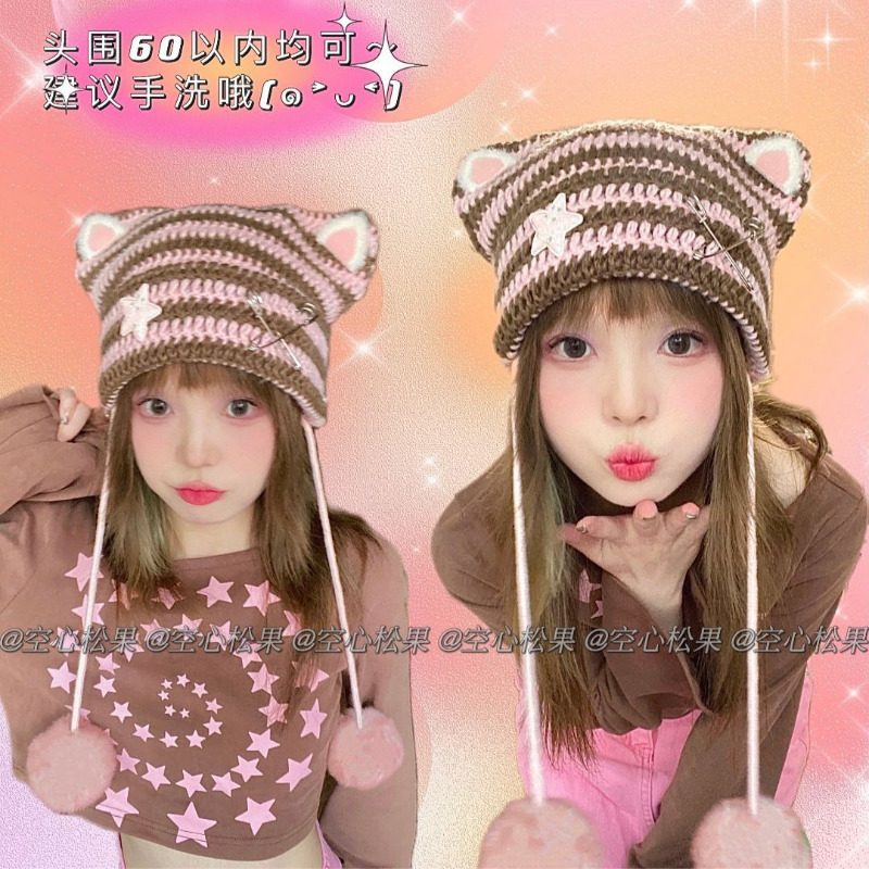 Beanie/Skull Caps Sweetheart Original Pure Handmade Striped Kitten Beanies Hat Subculture Cute Y2k Cat Ear Hat Skullies Hats for Women 230921