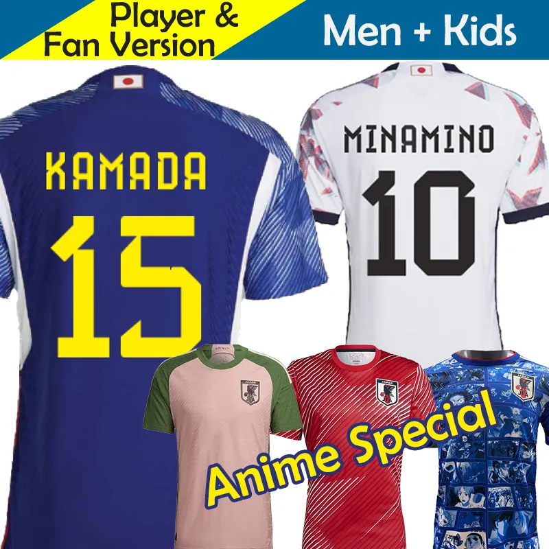Japan Soccer Jerseys Kids Kit National Team 2022 2023 Football Shirt World Cup Player Version Set Anime Pink Special Pre Match Training Wear KUBO MINAMINO ITO