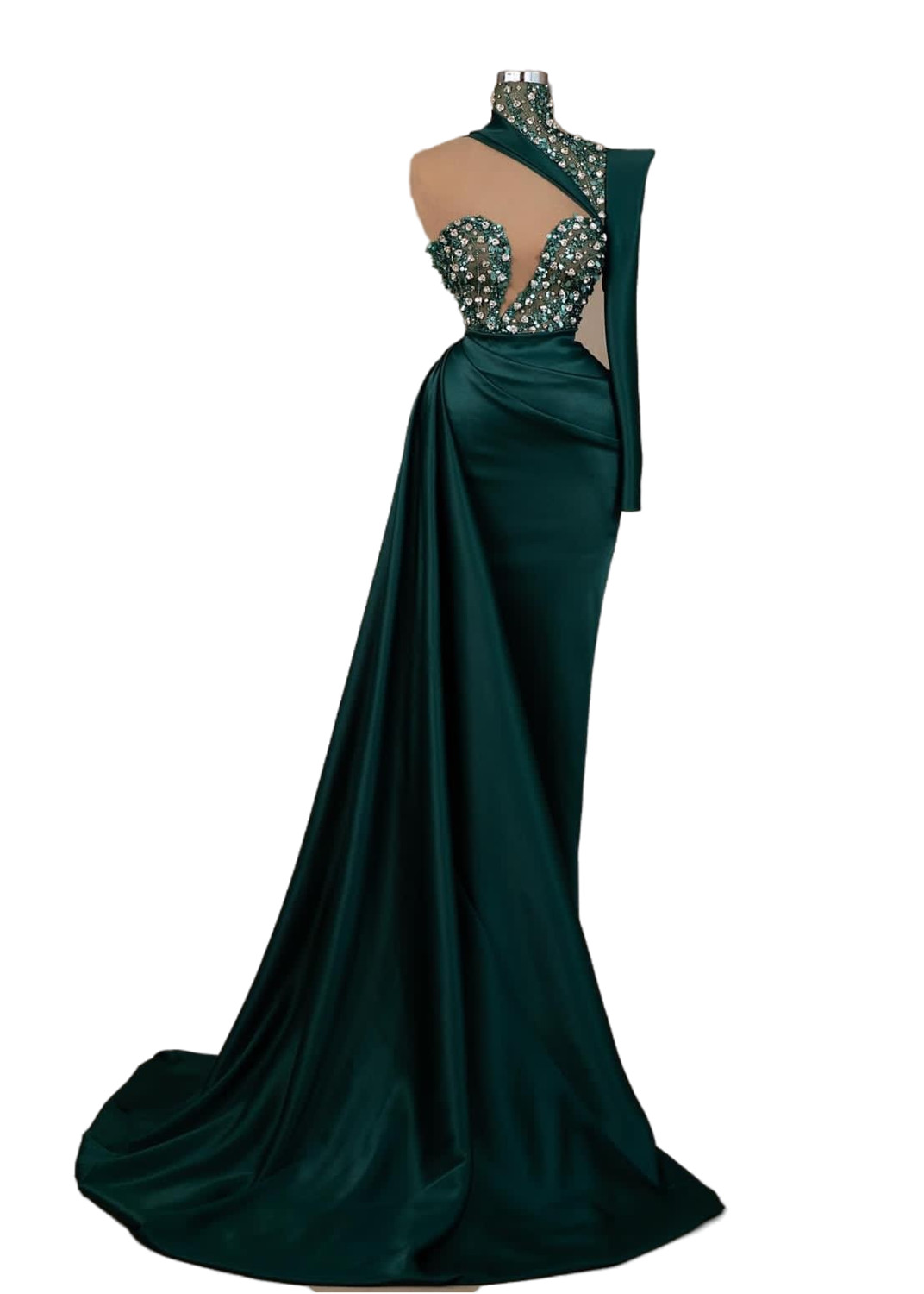 Arabic Aso Ebi Hunter Green Mermaid Prom Dress Satin Crystals Evening Formal Party Second Reception Birthday Engagement Gowns Dresses Robe De Soiree Z