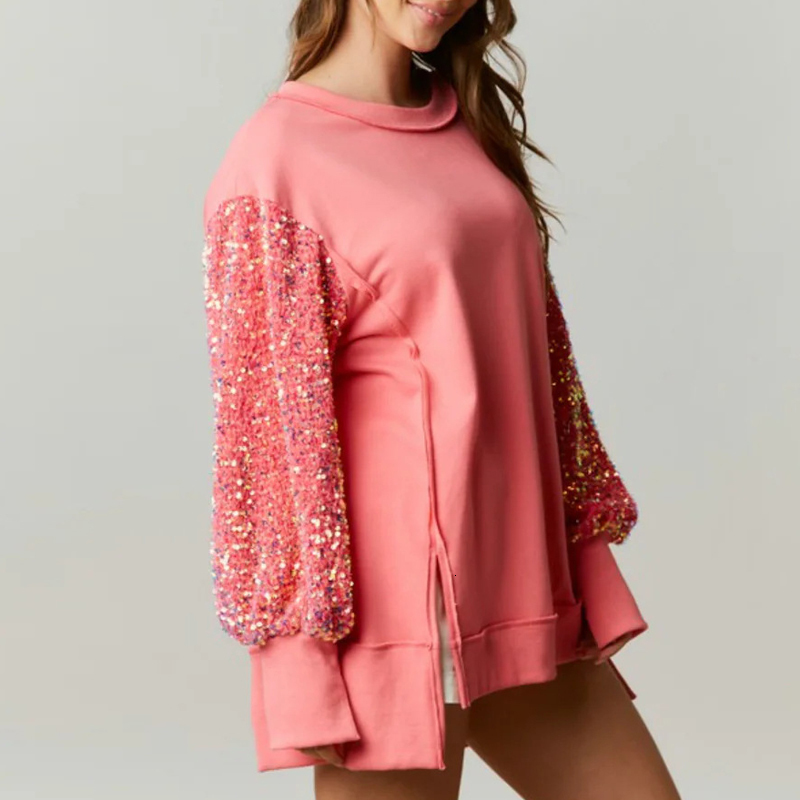 Womens Hoodies Sweatshirts Elegant Solid Color ONeck Office Pullover Casual Split Sports Top Fashion Sequined Splicing LongSleeved Sweatshirt 230921
