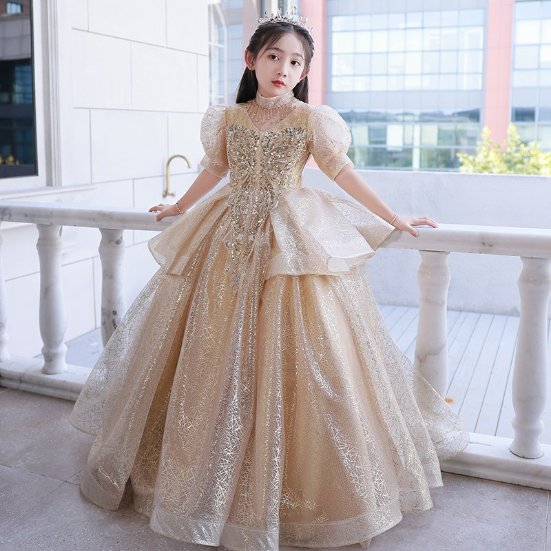 Shiny Little Girls Pageant Gold Bling Appliques Toddler Ball Gown Flower Girl Dress Floor Length Tulle Gowns Ruffle Kids Formal Wear Crystal Flowers D