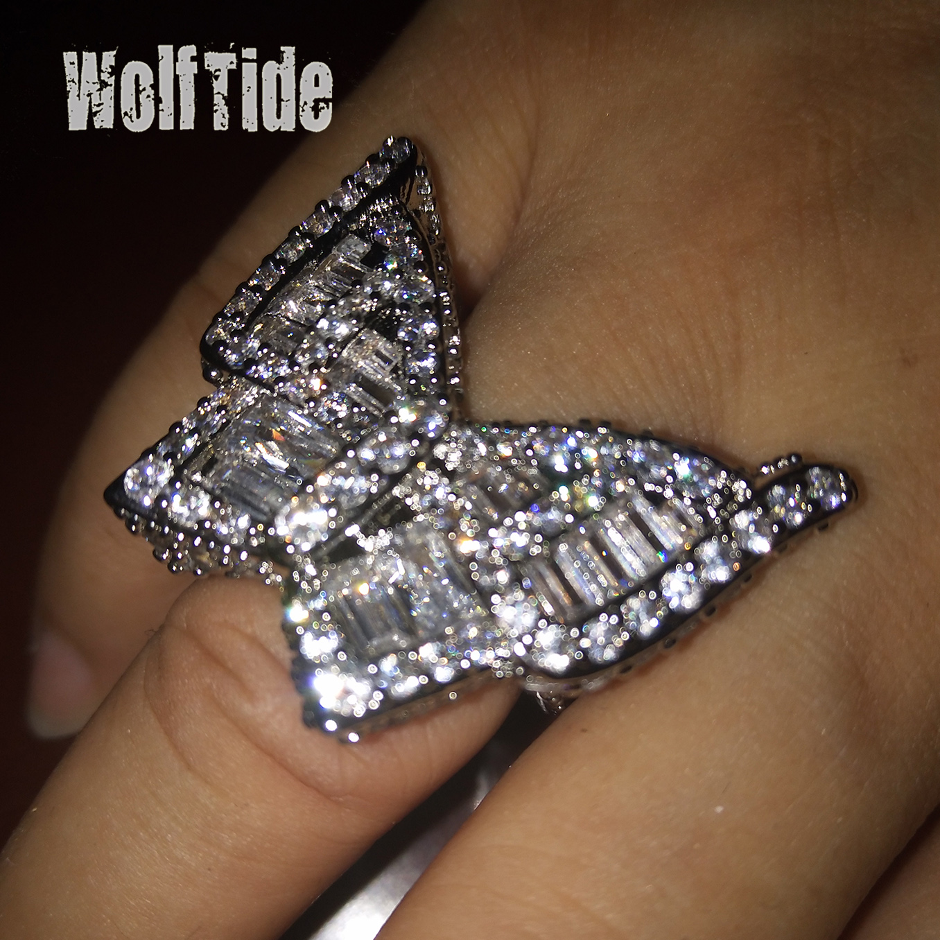 18K White Gold Pentagram Hip Hop Ring Mens Buttergly Bling Cubic Zirconia Guys Full Diamond Iced Out Prong CZ Stone Baguette Star Rapper Jewelry Bijou