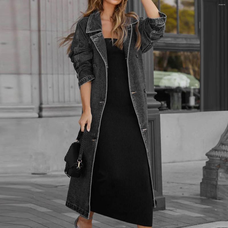 Women's Trench Coats Jean Jacket Vintage Long Coat Loose Fit Double Breasted Denim Korean