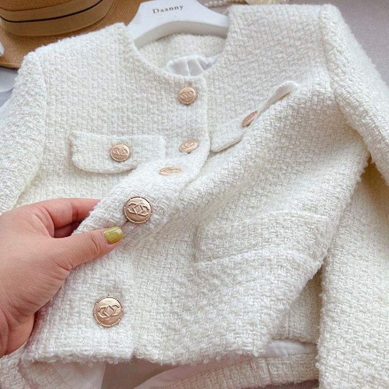 Women's Jackets Chic Tweed Coat Female Elegant O Neck Cropped Jacket Women Spring Fall Luxruy Korean Fashion pocket white Outwear Clothing 230922