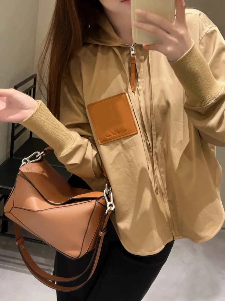 23 New L Family Khaki Cotton Front Short Back Long Zipper Drawstring Hooded Long Sleeve Hooded Windbreaker Coat Jacket Women