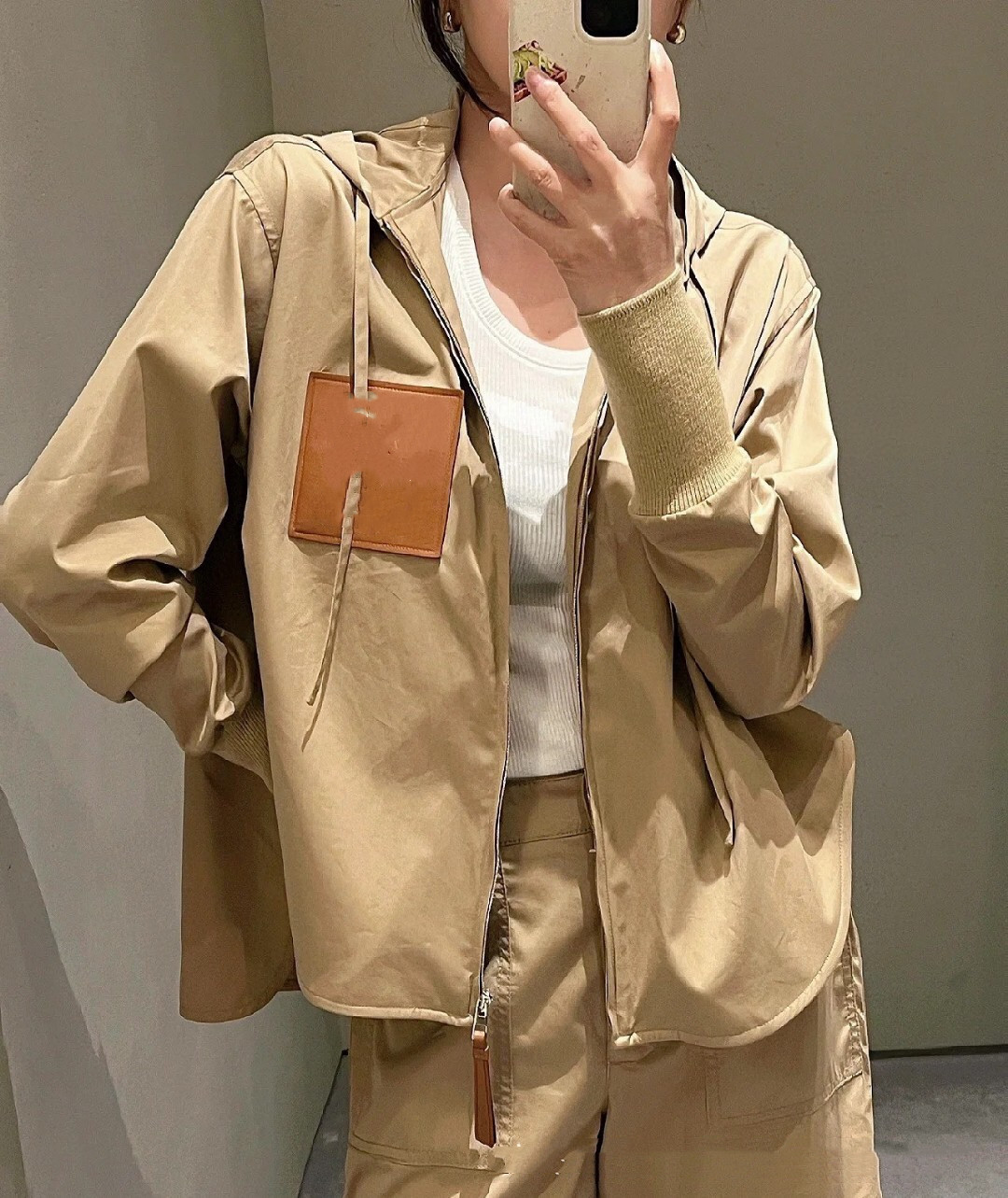 23 New L Family Khaki Cotton Front Short Back Long Zipper Drawstring Hooded Long Sleeve Hooded Windbreaker Coat Jacket Women