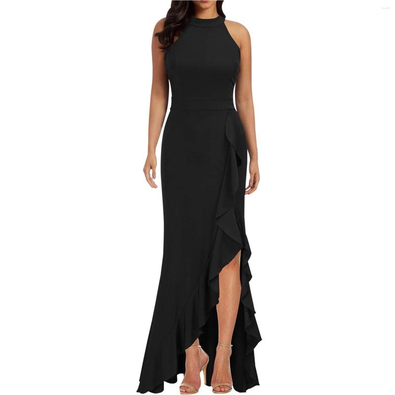 Casual Dresses Elegant Black Sleeveless Long Dress For Women Ruffle Wrap Pleated Slim Slit Formal Cocktail Wedding Guest Gown Party Robe