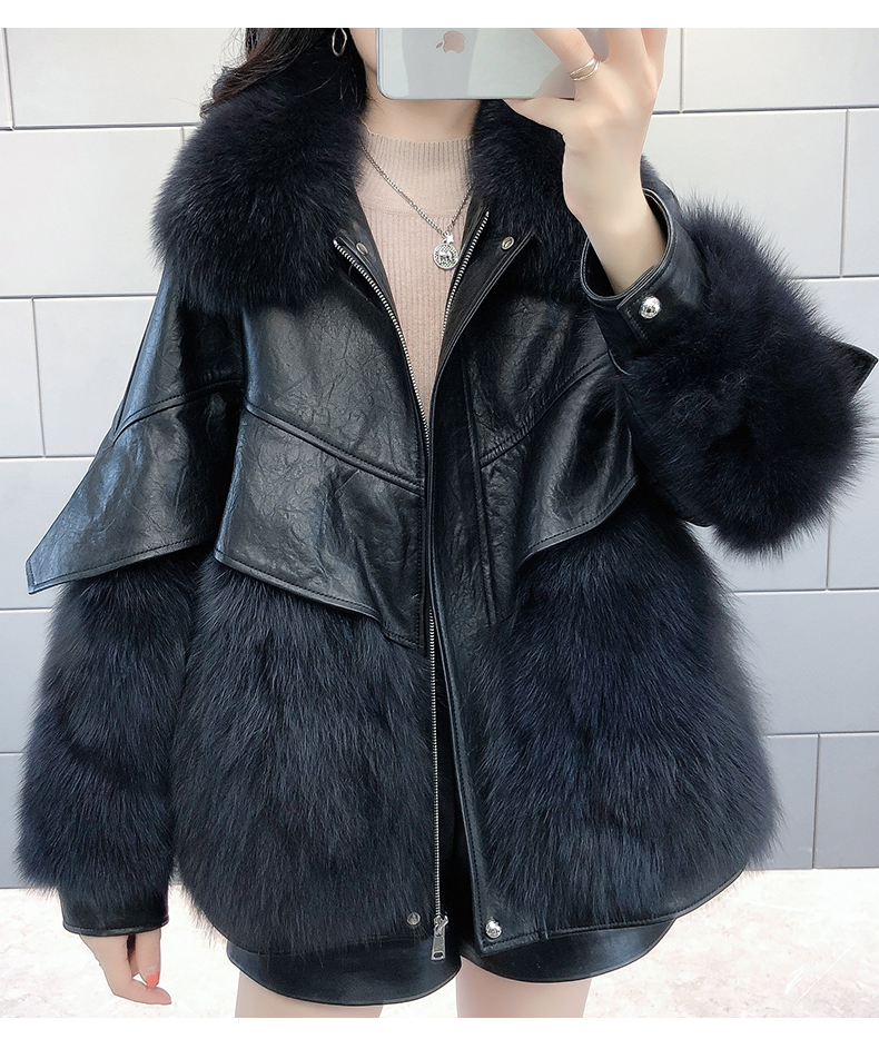 Womens faux fox fur collar PU leather thickening warm loose jacket coat SMLXLXXL