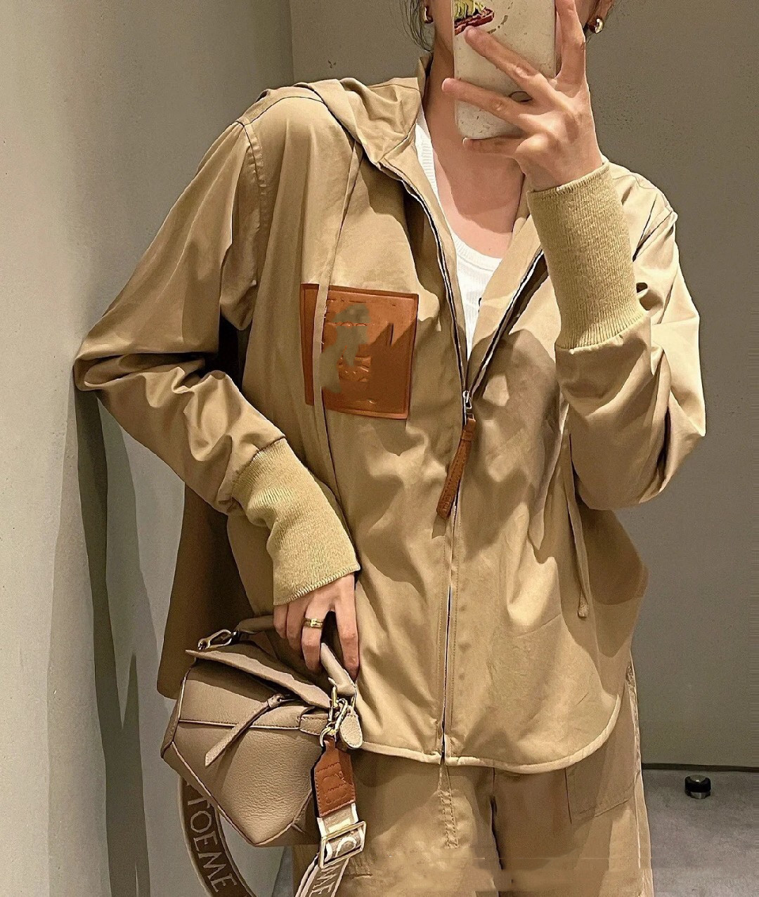 23 New L Family Khaki Cotton Front Short Back Long Zipper Drawstring Hooded Long Sleeve Hooded Windbreaker Coat Jacket Women