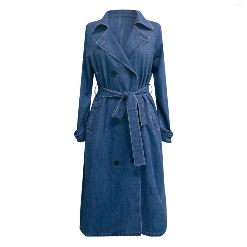 Women's Trench Coats Jean Jacket Vintage Long Coat Loose Fit Double Breasted Denim Korean