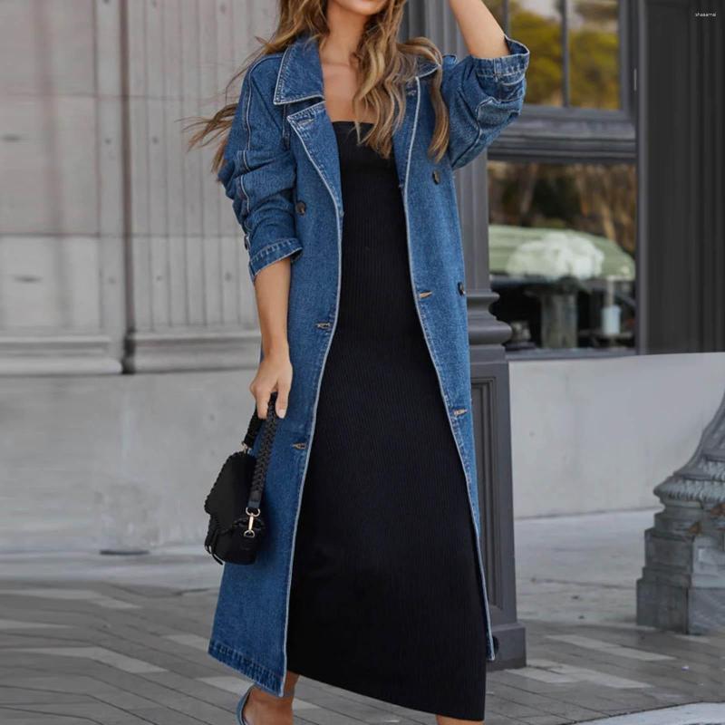 Women's Trench Coats Jean Jacket Vintage Long Coat Loose Fit Double Breasted Denim Korean