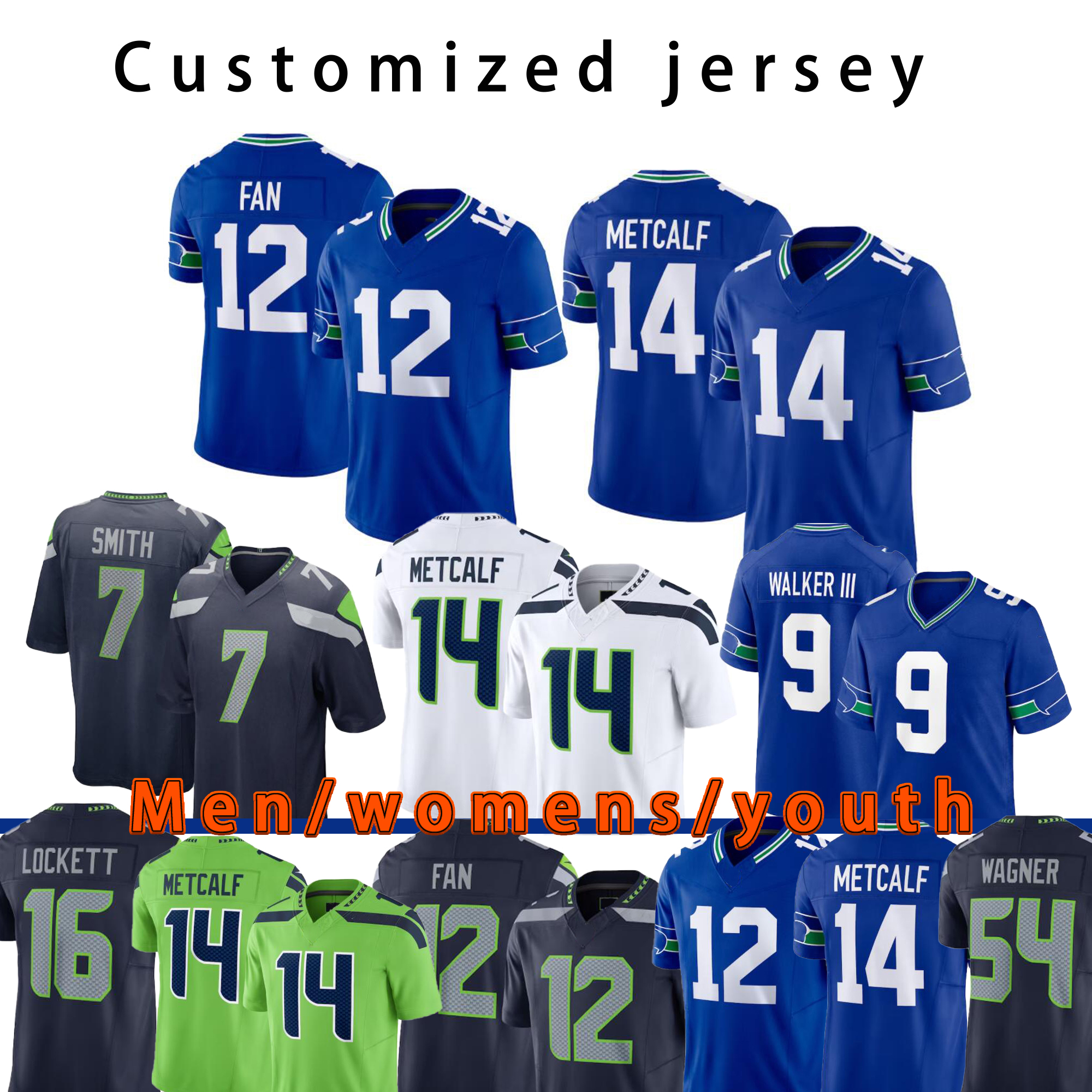 14 DK Metcalf 7 Geno Smith Jaxon Smith-Njigba Football Jersey Devon Witherspoon Tyler Lockett Tariq Woolen Kenneth Walker III Marshawn Lynch Bobby Wagner Mans 4XL
